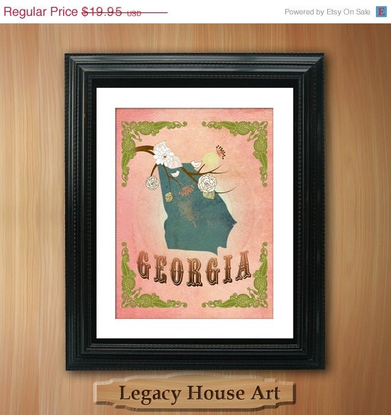ON SALE Georgia Vintage Like State Map Art - 8.5X11 Ornate Birds Love Map Giclee Print - Tree Flowers & Bird - Fragrant Peach LHA-094-05