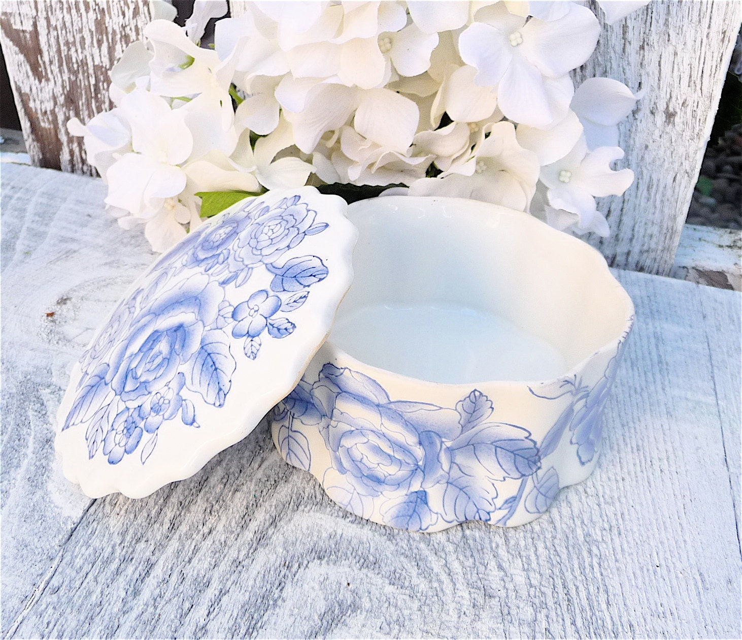 Blue and White SHABBY CHIC Porcelain Hand Painted Trinket Keepsake Box