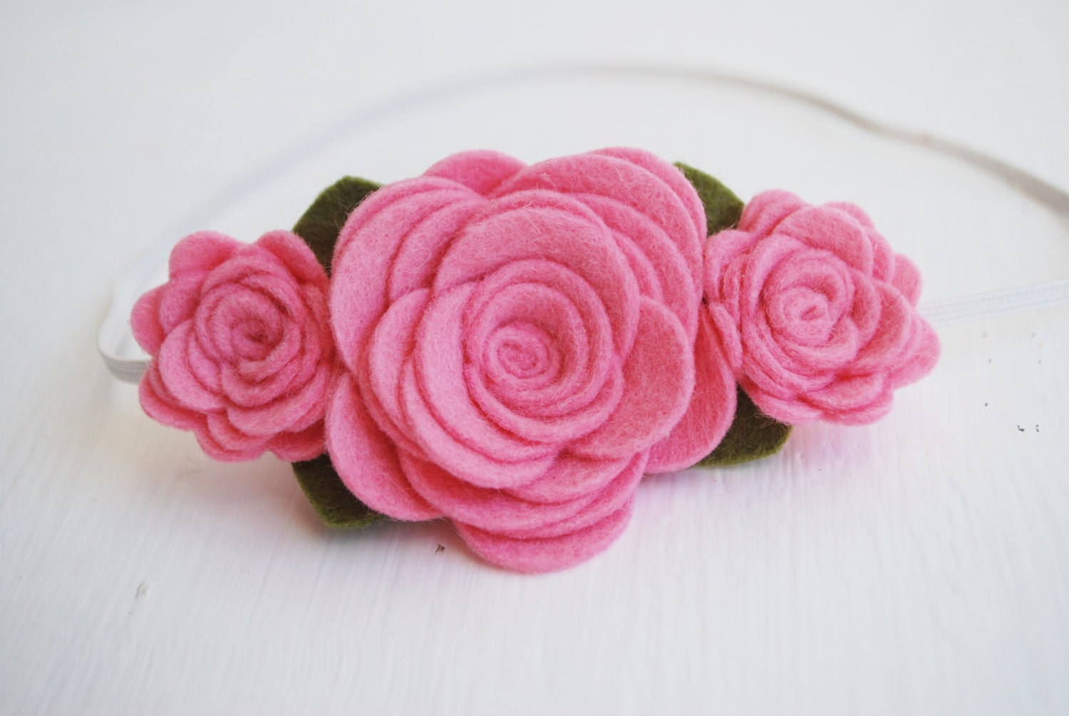 Pink Rose Headband, Wool Felt Rose Trio in Light Pink, 3 Roses, Newborn-Adult sizes available
