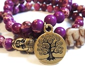 Purple Magnesite Beaded Bracelet with Gold Tree of Life