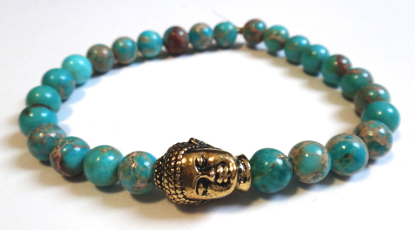 Turquoise Magnesite Beaded Bracelet with Gold Buddha