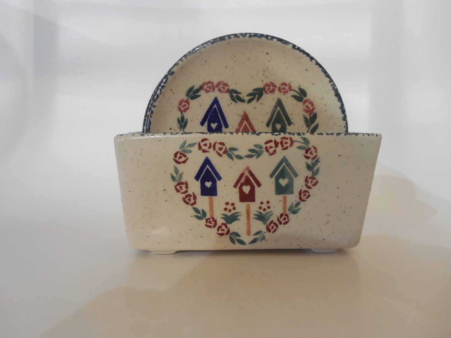 Set of 4 Pottery Coasters in a Cute Holder FREE SHIPPING