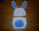 White & Blue Rabbit Bunny Hat Diaper Cover - Newborn Beanie Boy Girl Costume Thanksgiving Costume Photo Prop Christmas Gift Winter Outfit