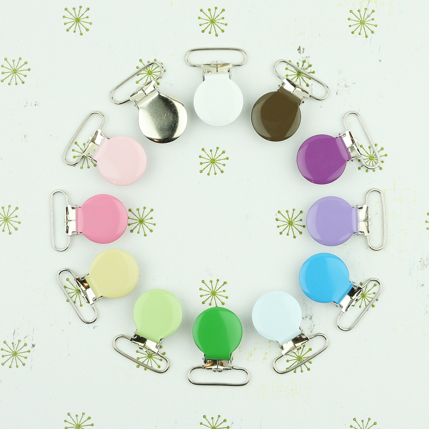 10 Enamel Clips 1 INCH Round Metal Pacifier Clips / Suspender Clips / Paci/Dummy/Bib / Toy Holder Clips
