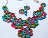 Crochet necklace with earrings - Set - Crochet jewelry - Rainbow jewelry - Bib necklace