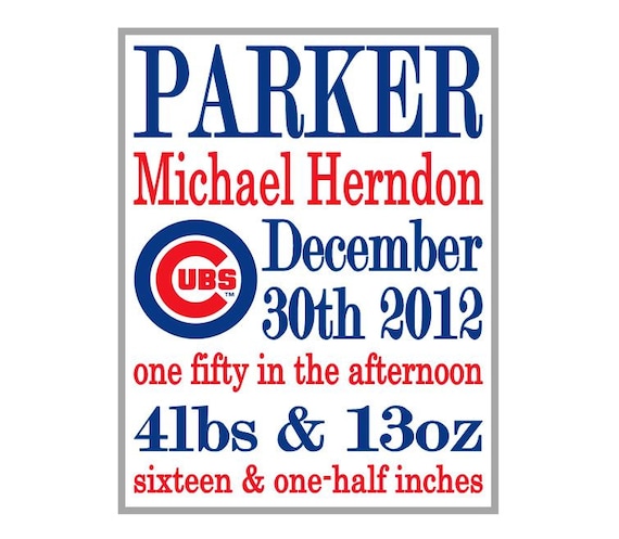 Buy gifts birth announcements - Chicago Cubs 8x10 Custom Typography Birth Announcement Print - Baby Boy Gift