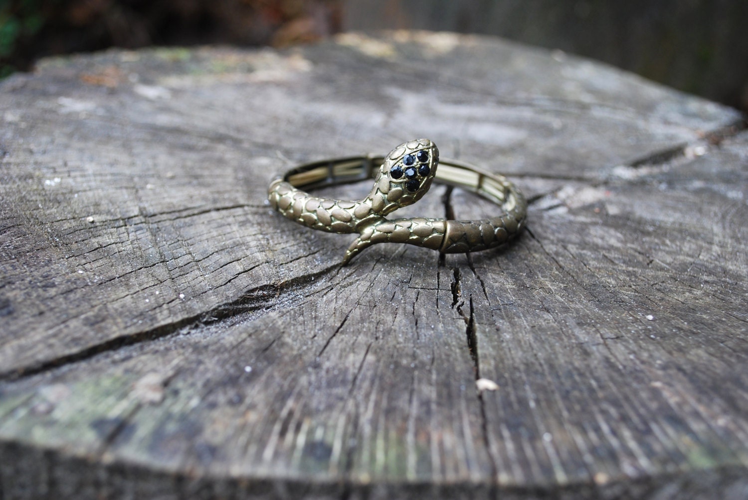 Vintage // Rare 1940's Snake Charmer Bracelet // Distressed Brass and Black Crystal // Textured