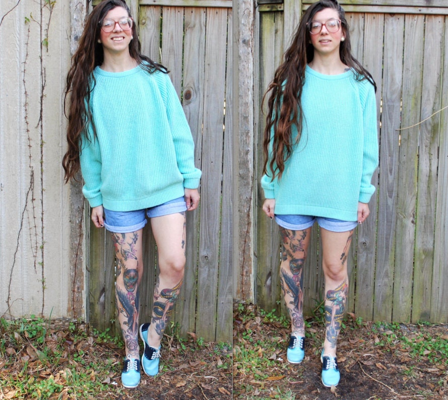Vintage // Grunge Oversized Aqua Knit Sweater // Brittania XL Bright Pastel Neon Turquoise