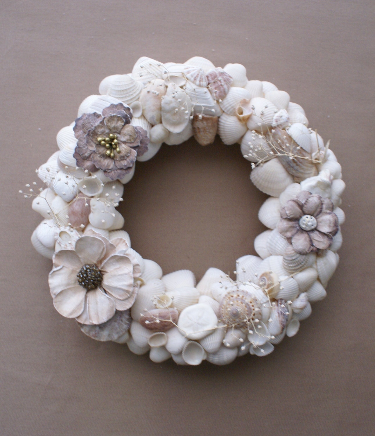 Wedding decoration, 8.5" Seashell wreath,  wedding wreath, white tan biege, shabby chic, cottage chic, beach wedding, country wedding
