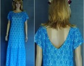 70s SHEER lace DRESS Flapper Maxi prairie gown BLUE peacock turquoise simple Party wedding bride bridesmaid gown hippie boho stevie s m l