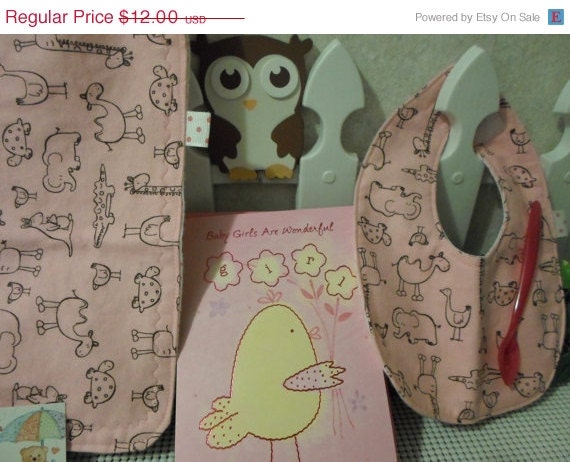 On Sale Spring Cutie Chalk Drawings Pink Super Soft Flannel Fabric and Dots Reversible Perfect Gift Bib and Burp Cloth Set