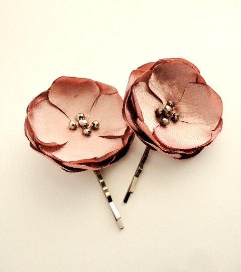 Dusty Pink Flower Bobby Pins, Small Fabric Hair Clips, Bridesmaid Wedding Accessories Women Girls, Antique Rose