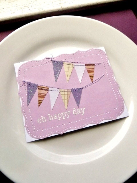 Banner Flag Card, Oh Happy Day Stamp Embossed, Lilac Purple Birthday Sewn Card, Stitched, Girls Birthday, Women