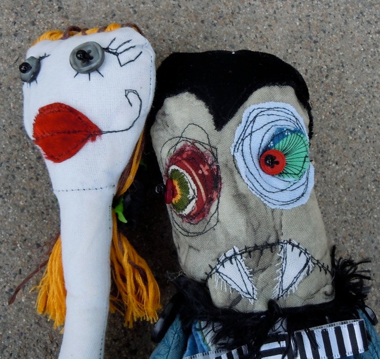 Dracula Dave and Stella with the long neck Star crossed lovers handmade monster art dolls