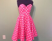 Womens Pink and White Polka Dot Dress Vintage Inspired Full Skirt Sweetheart Neckline size Small