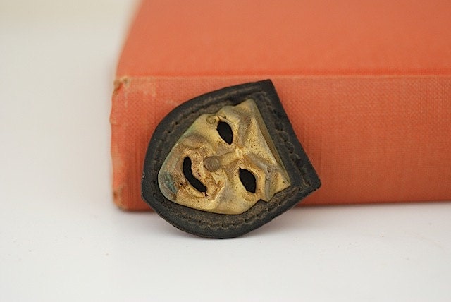 Mid Century Metal Face With Leather Mount, Jewelry Supplies, Rustic Leather Face Pendant, Gift For Girlfriend
