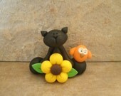 Black Cat, Sunflower and Owl