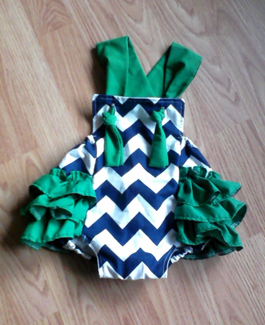 Navy Chevron Vintage Baby Romper Retro Sunsuit with Kelly Green children spring summer by mudan sz 6m to 3t
