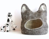 Cat bed - cat cave - cat house - eco-friendly handmade felted wool cat bed - dark brown with natural white - made to order