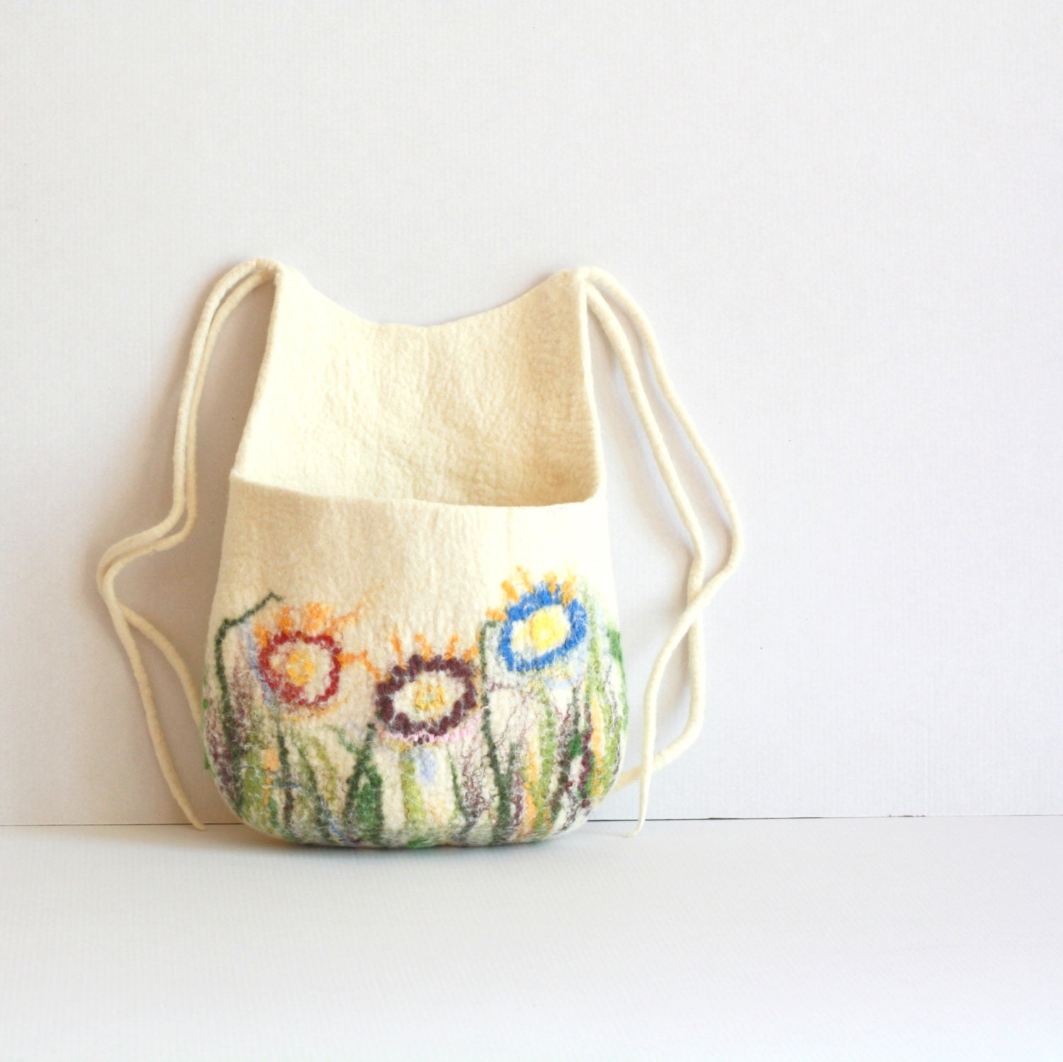 Hanging basket, toys organizer, felted wool bag, natural white with colorful flowers hanging bag - Mothers day gift
