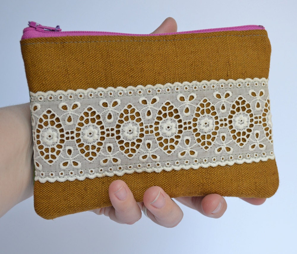 NEW - The Medium Allison - floral vintage lace zipper pouch with zipper closure cotton woven and vintage plaid cotton woven upholstery