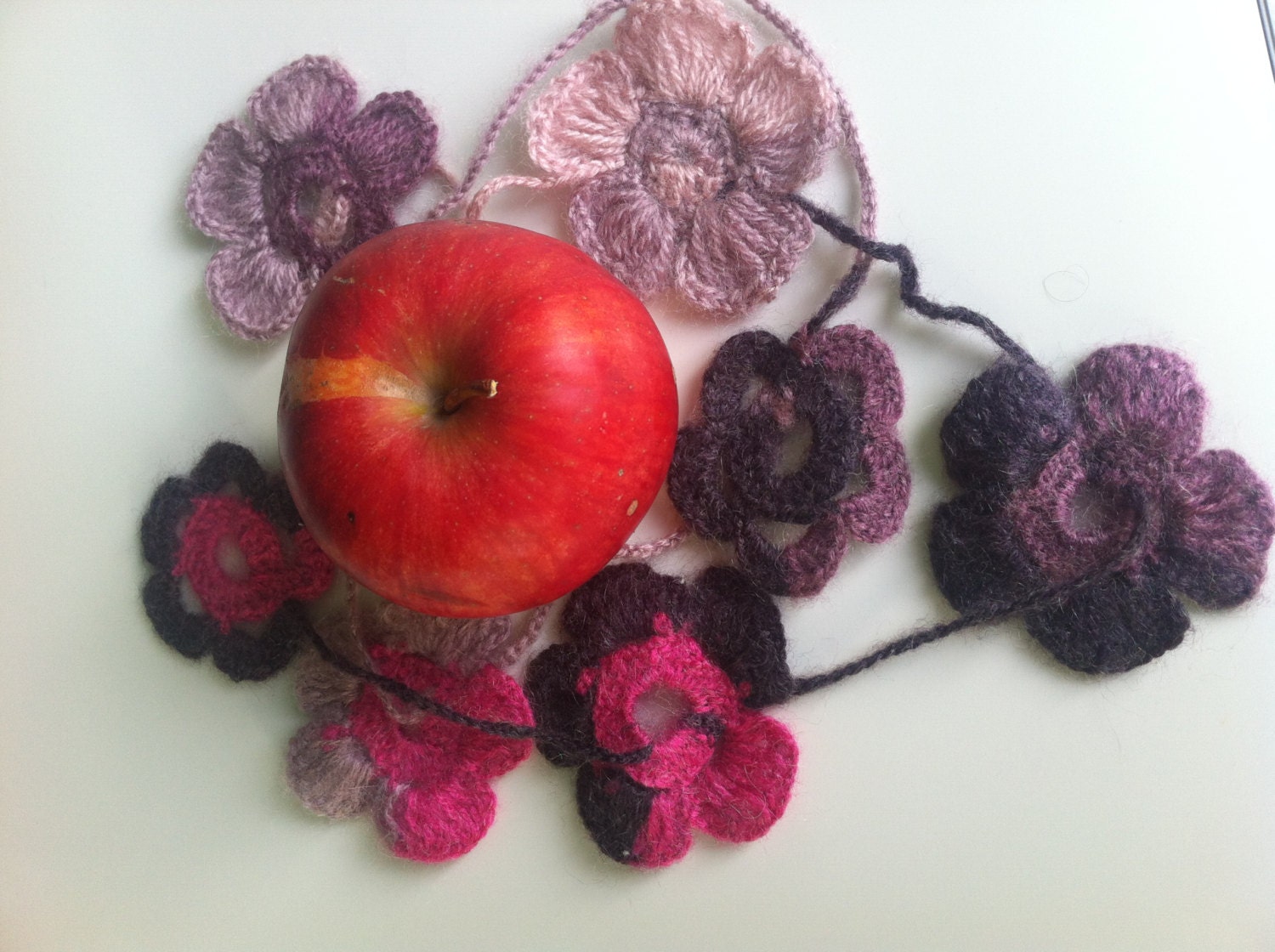 Woman Knitted Necklace made of Purple Pink Violet Yarn Flowers Unique OOAK Handmade Jewelry Perfect Gift Long Fashion Accessory