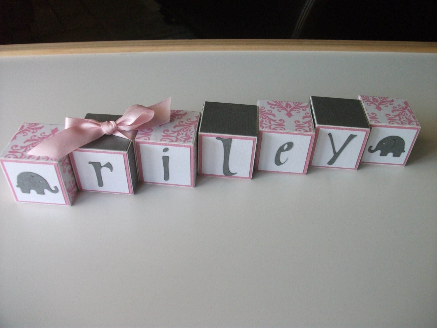 Baby Name Block Set - Pink Gray Damask Elephants