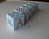 Wooden Name Blocks - Chevron - Gray Blue - Elephants