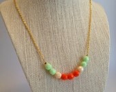 Czech Color-block Necklace - Mint, Ivory, Orange - Gold - 25"