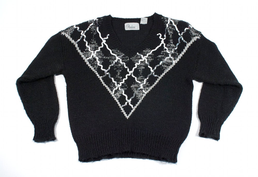VTG Silver Sequin Sweater Metallic Argyle Geometric Design 80s