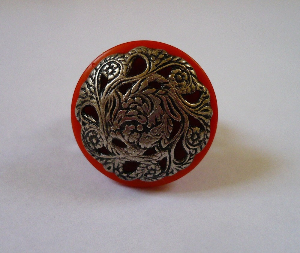 Handmade Orange and Silver Flower Ring made from Repurposed Vintage Buttons, Upcycle