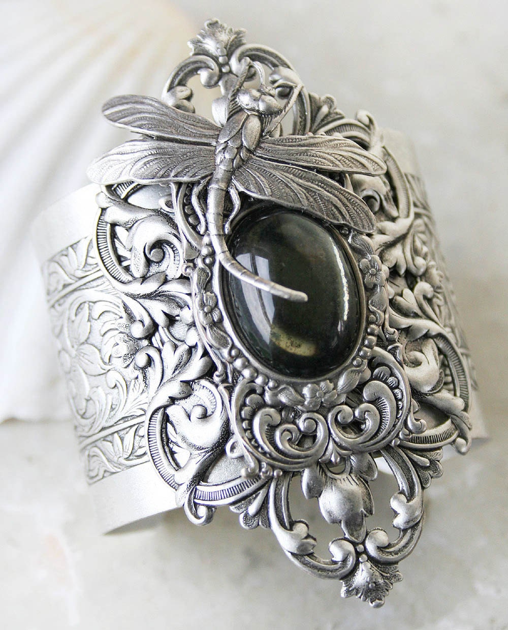 MOSSY GLEN Victorian ornate dragonfly cuff bracelet with vintage glass in moss green