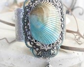 OCEAN SONG Victorian ornate mermaid cuff bracelet with real seashell focal in aged silver, free gift pouch