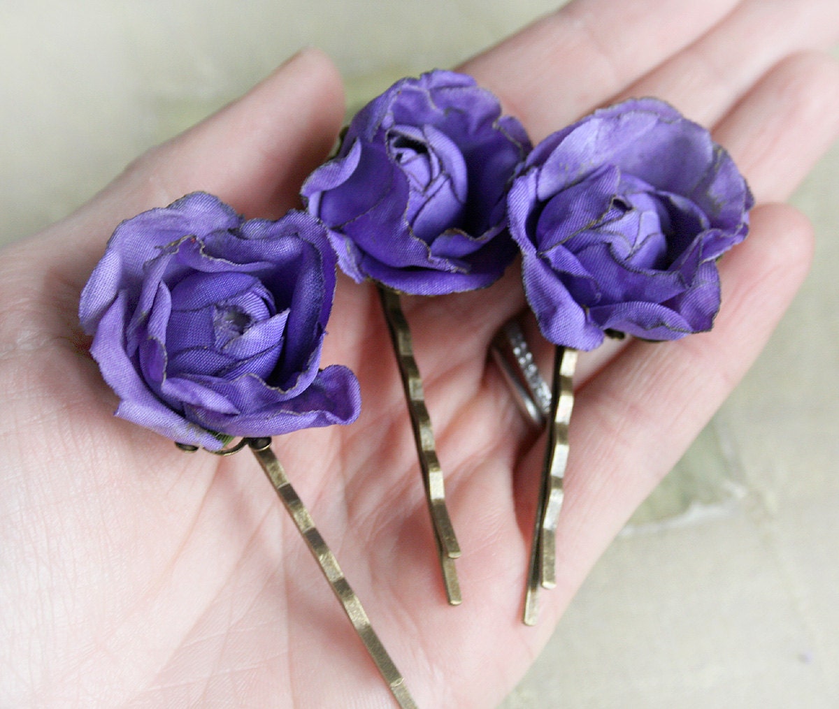 PERFECT PURPLE three purple silk rose hair pins, hair clips on bobby pins, gift boxed