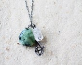Silver diamond necklace.  Geometric shapes.  Quartz, prehnite silver. Long necklace