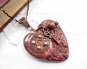 Heart Pendant Necklace Beaded Jewelry Red Skeleton Key Heart Steampunk Goth Victorian Upcycled Romantic Mixed Media
