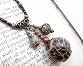 Victorian Bronze Lariat Necklace Animal Print Black Beige Beaded Jewelry Romantic Handmade Charm Rustic Upcycled Boho Steampunk Brass