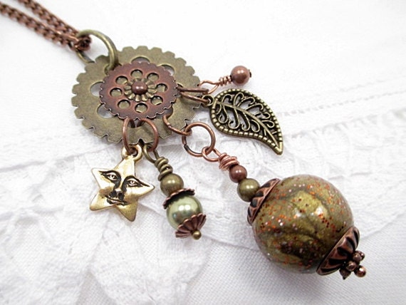 Charm Lariat Necklace Bronze Bead Necklace Handmade Beaded Jewelry Upcycled Romantic Victorian Steampunk Boho Leaf Star Mixed Media Metal