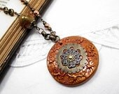 Steampunk Bead Pendant Necklace Beaded Jewelry Handmade Upcycled Victorian Boho Romantic Statement Flower Stamped Clay
