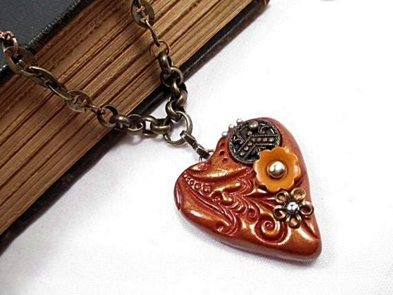 Steampunk Pendant Heart Bead Necklace Beaded Jewelry Handmade Metallic Copper Upcycled Vintage Button Flower Women Stamped Clay