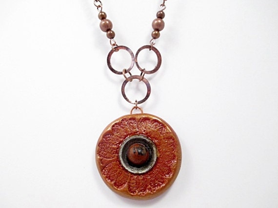 Stamped Clay Pendant Necklace Beaded Jewelry Flower Recycled Vintage Button Woodland Nature Copper Metallic