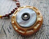 Button Pendant Necklace Beaded Jewelry Recycled Metallic Gold Mod Boho Statement Pendant Stamped Clay Seed Bead Yellow Terra Cotta