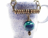 Blue Beaded Necklace Beaded Jewelry Handmade Recycled Bead Retro Vintage Industrial Brass Metal Turquoise Blue