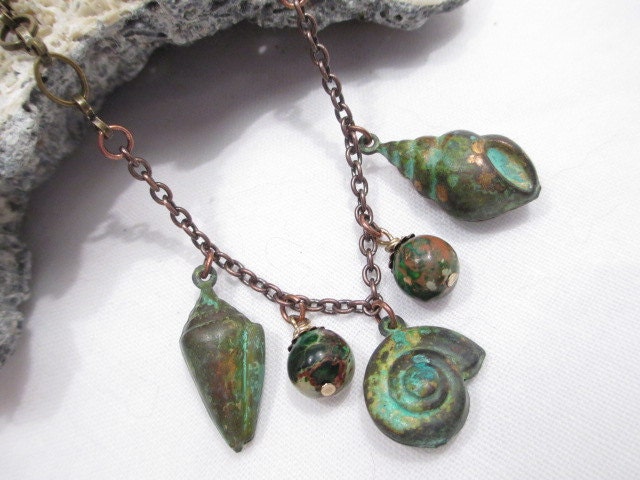Seashell Charm Necklace Handmade Beaded Jewelry Upcycled Retro Vintage Verdigris Patina Green Jasper Bead Beach Ocean Sea Vacation