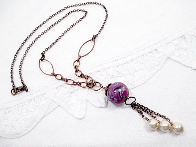 Pearl Lariat Necklace Handmade Beaded Jewelry Metallic Silver Pink Purple Women Boho Recycled Victorian Vintage Pearl
