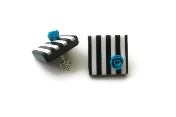 Black and white stripes post earrings with turquoise roses square polymer clay