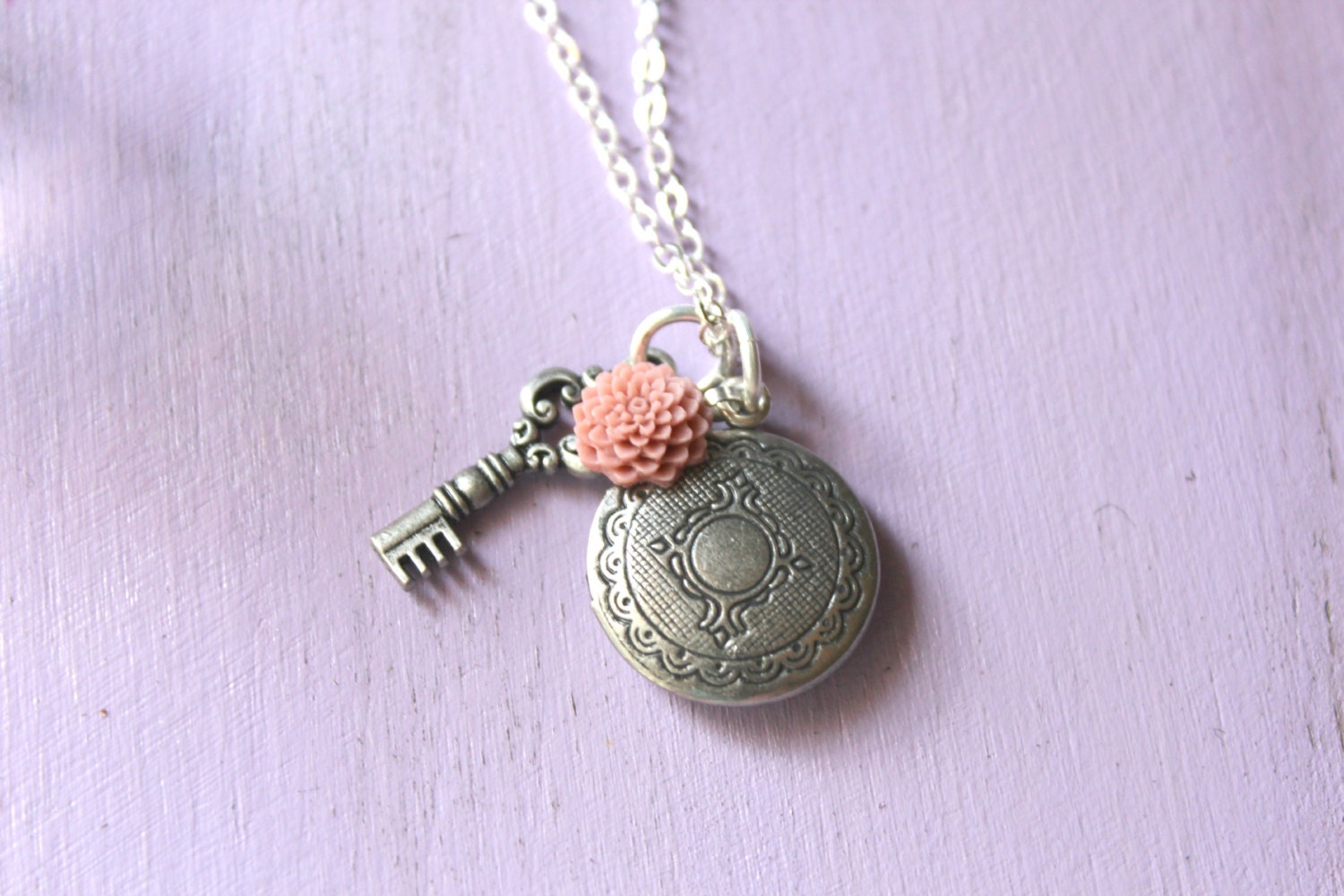 Dainty locket with key and flower necklace