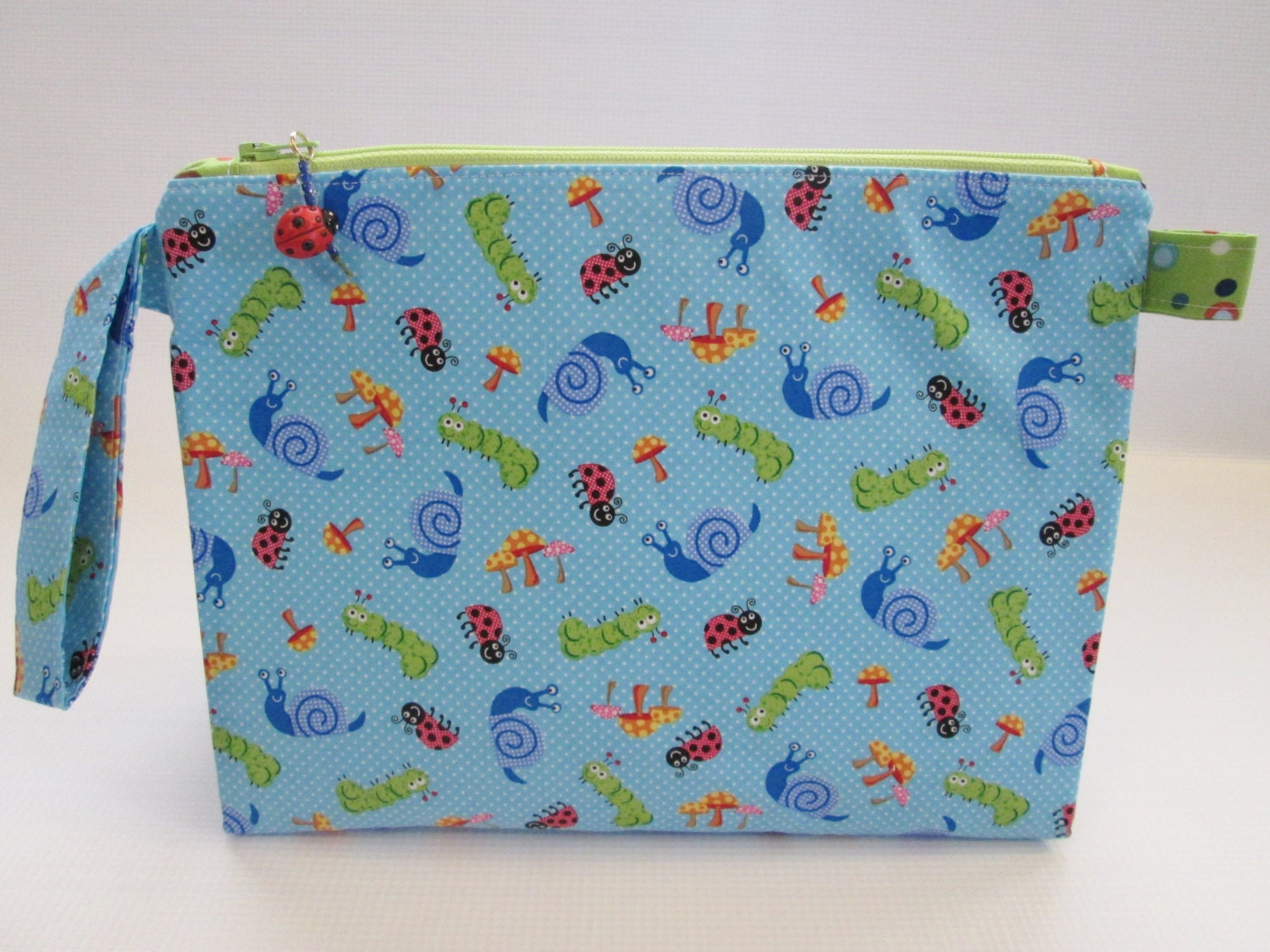 Medium Zippered Wedge Bag - Caterpillars, Ladybugs, Snails and Toadstools with glass ladybug bead zipper pull