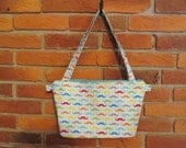 Medium Strappy Wedge Bag - Rainbow Mustaches with glass heart bead zipper pull