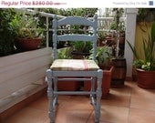 EVERYTHING HALF PRICE Vintage,blue-painted,beautiful turned wood ladder back chair,French cherub cameo fabric seat shabby chic,-